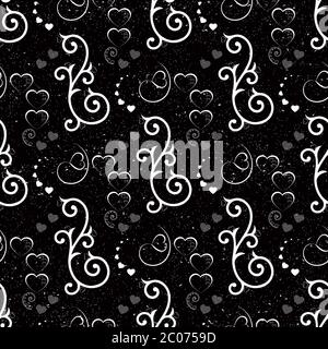 Love seamless pattern. White hearts and swirls on black background Stock Vector