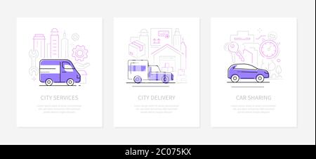 Urban transport - line design style banners set Stock Vector