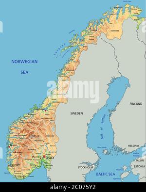 High detailed Norway physical map with labeling. Stock Vector