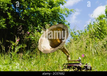 Old vintage gramophone on the green grass Stock Photo