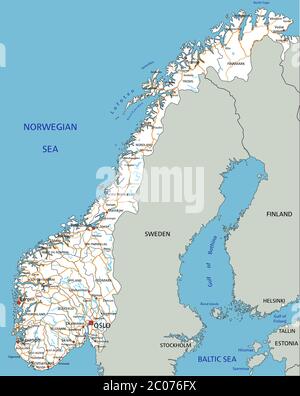 High detailed Norway road map with labeling. Stock Vector