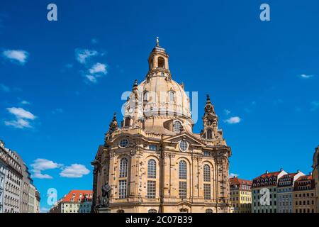 Church of our Lady (Frauenkirche) at Neumarkt square in downtown of Dresden in summer with blue sky, Germany, details, closeup