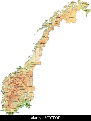 High detailed Norway physical map with labeling. Stock Vector