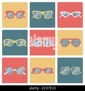 Vector set of icons of different shapes sunglasses in trendy flat style. Summer glasses collection. Stock Vector