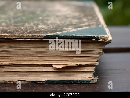 Detail of antique year book with brown outworn pages Stock Photo