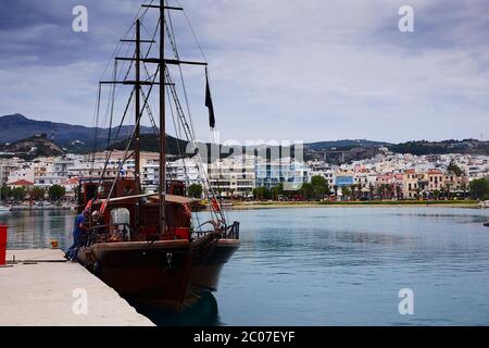 RETHYMNO, THE CRETE ISLAND, GREECE - MAY 30, 2019: Santa Maria pirate tourist ship in the Rethymno harbour Stock Photo