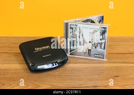 OASIS What's the Story Morning Glory 1995 CD album with a SONY Discman compact disc player Stock Photo