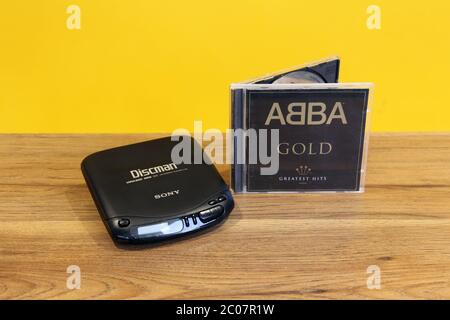 ABBA Gold CD album next to a SONY Discman compact disc player Stock Photo