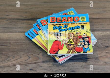 Beano Comic Library No.47 1984 "The Bash Street Kids & Teacher in This is Your Strife" stacked in a pile of Beano comics Stock Photo