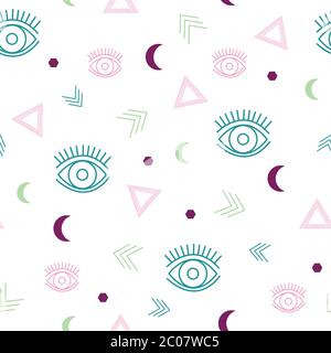 Seamless repeat pattern with eyes and geometric elements.Bright colors, perfect for textile, wallpaper and interior design. Stock Vector