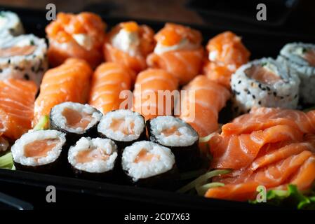 Ready plastic plate of sushi bought in a Brazilian supermarket Stock Photo