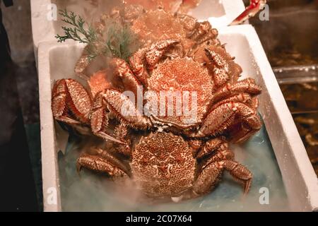 Luxurious large sea crab sold sold on the morning fish market in Tsukiji Tokyo Japan Stock Photo