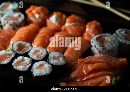 Ready plastic plate of sushi bought in a Brazilian supermarket Stock Photo