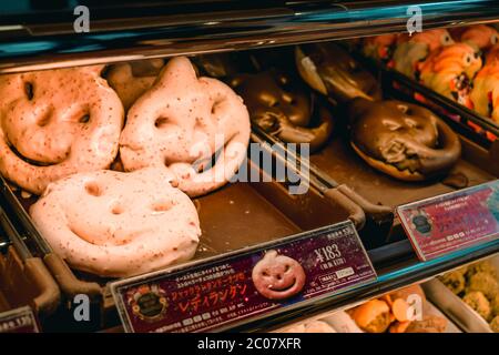 Special pink and dark chocolate Japanese Halloween doughnuts Stock Photo