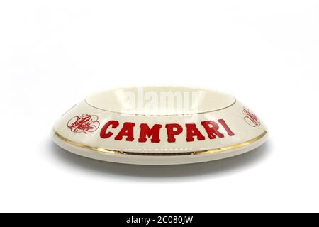 Ceramic ashtray with Campari, isolated on a white background, close up Stock Photo