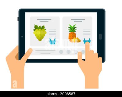 Product card on tablet with hand for ordering online flat icon vector isolated Stock Vector