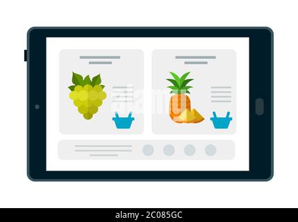 Product card with a pictures in mobile app on tablet flat icon vector isolated Stock Vector
