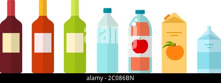 Drinks in glass, plastic and paper packaging vector flat isolated Stock Vector