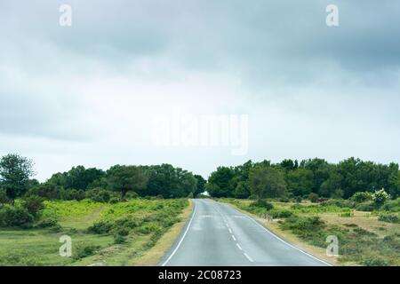 A road leading through the New Forest in Hampshire with rain clouds overhead Stock Photo