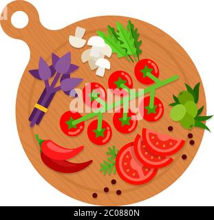 Round board with vegetables and herbs flat icon vector isolated Stock Vector