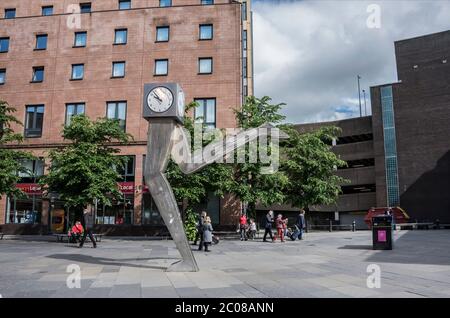 George Wyllie's witty running Clyde Clock sculpture, Killermont Street, Glasgow. Stock Photo