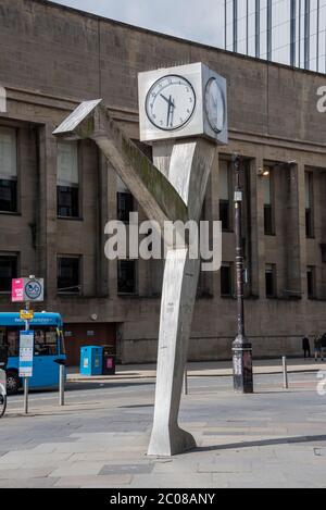 George Wyllie's witty running Clyde Clock sculpture, Killermont Street, Glasgow. Stock Photo