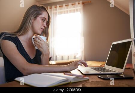Young female working from home on laptop whilst drinking coffee Stock Photo