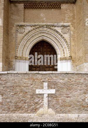 Spain, Castile and Leon, Valladolid province, Tordesillas. The Royal Monastery of Santa Clara, founded in 1363. Gothic-Mudejar style. View of the portico. Stock Photo