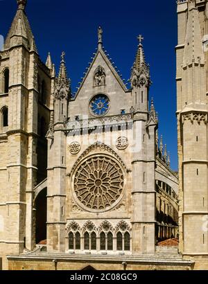 Spain, Castile and Leon, Leon. Saint Mary's Cathedral or The House of Light. Gothic style. 13th-14th century. Facade, architectural detail. Stock Photo