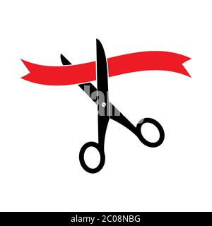 Vector illustration. Scissors and red tape isolated on white background, simple flat design Stock Vector