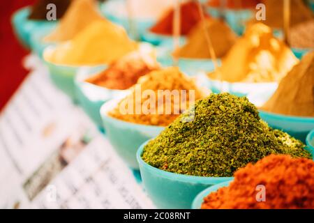 Close View Of Masala Curry, Bright Colors Fragrant Seasoning, Condiment In Tray On Local Food Market, Bazaar