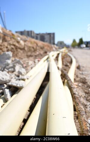 Excavating old telephone cables in my neighborhood Stock Photo