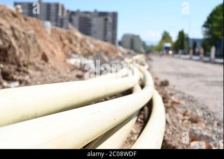 Excavating old telephone cables in my neighborhood Stock Photo