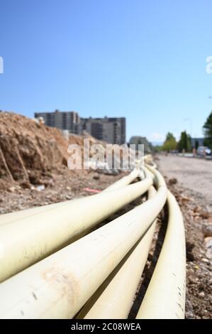 Excavating old telephone cables in my neighborhood Stock Photo