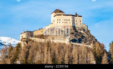 Tarasp Castle - fortified mountain castle in Swiss Alps, Engadin, Switzerland. Stock Photo