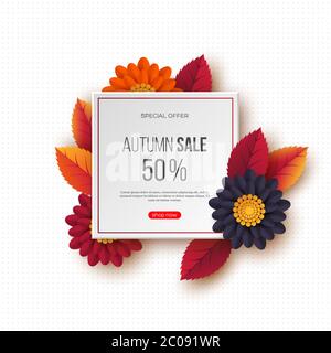 Autumn sale banner with 3d leaves, flowers and dotted pattern. White background - template for seasonal discounts, vector illustration. Stock Vector