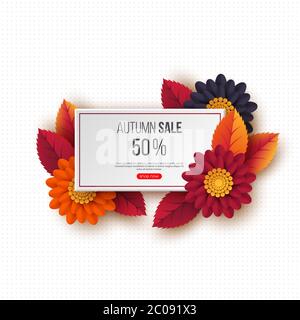 Autumn sale rectangular banner with 3d leaves, flowers and dotted pattern. White background - template for seasonal discounts, vector illustration. Stock Vector