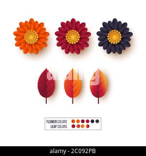Set of 3d autumn leaves with flowers. Decorative elements for autumnal greeting cards, backgrounds. Orange, burgundy, violet colors. Isolated on white Stock Vector