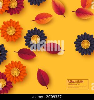 Floral autumn background with 3d paper cut style flowers and leaves. Yellow, orange, purple colors, vector illustration. Stock Vector