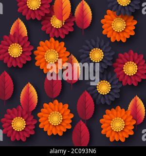Floral autumn background with 3d paper cut style flowers and leaves. Yellow, orange, purple colors, vector illustration. Stock Vector