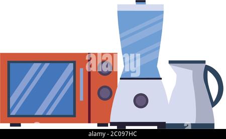 microwaves oven with blender and kettle kitchen appliance vector illustration design Stock Vector