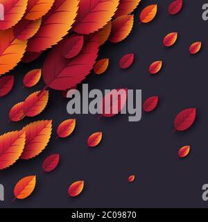3d realistic autumn fall leaves. Autumnal background in dark colors. Design for web, print, wallpaper, vector illustration. Stock Vector