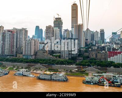 View from cableway over Yangtze river in Chongqing city (Chongqing, China) Stock Photo