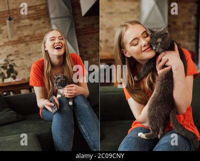 collage of happy woman holding remote controller and laughing near cute cat Stock Photo