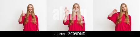 collage of emotional girl showing thumb up, thumb down and ok sign isolated on white Stock Photo