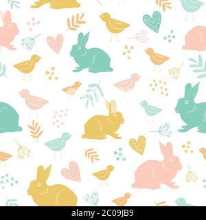 Seamless repeat pattern with chicken and bunnies. Perfect for easter decorations, textile and wrapping designs. Stock Vector