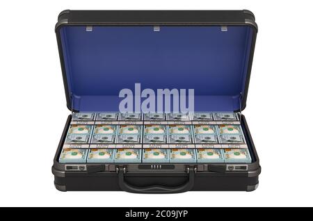 Open hard case full of dollar packs, 3D rendering isolated on white background Stock Photo