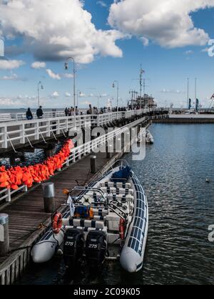 Lifeguard boat at Sopot pier, the longest pier in Europe, Poland Stock Photo