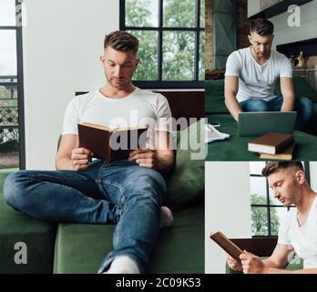 collage of handsome freelancer using laptop near smartphone with blank screen and reading books in living room Stock Photo