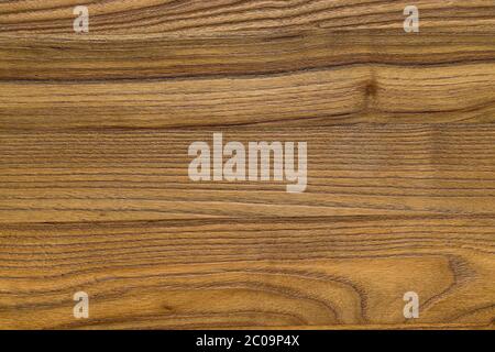 Closeup of wood grain fibers. The wood surface is colored with a natural medium light brown stain and the wood grain texture runs horizontally. Stock Photo